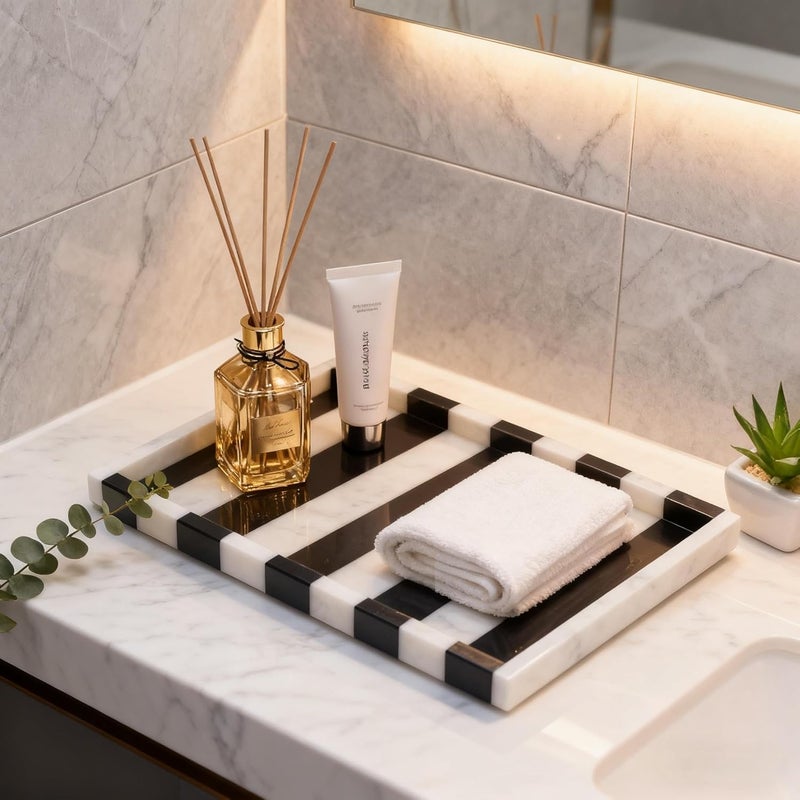 Artisanal Abode Striped Natural Marble Tray, Black White Geometric Rectangular Tray, Vanity Organizer for Jewelry, Makeup, Bath Essentials, Modern Home Decor - Image 5